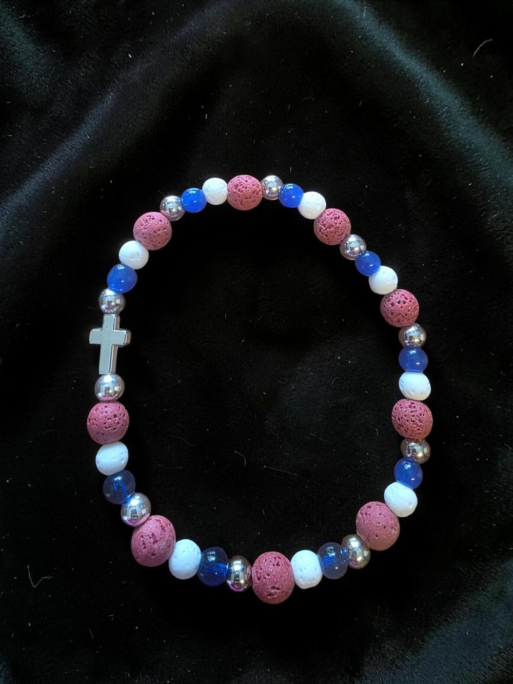 Handmade Red White Blue Lava Stone Cross Charm Bracelet